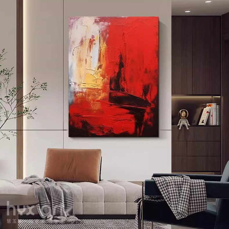 FLD.手绘油画《红霞漫天》简约红色客厅背景装饰画抽象画玄关画