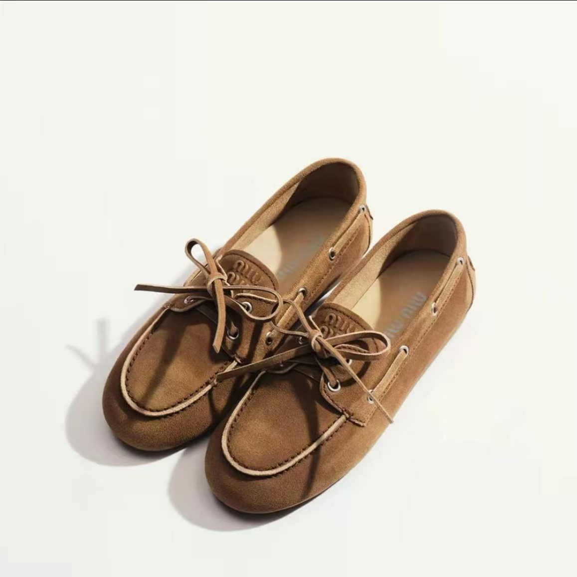 未使用 MIU MIU/缪缪 缪缪棕色麂皮绑带平底鞋36.5