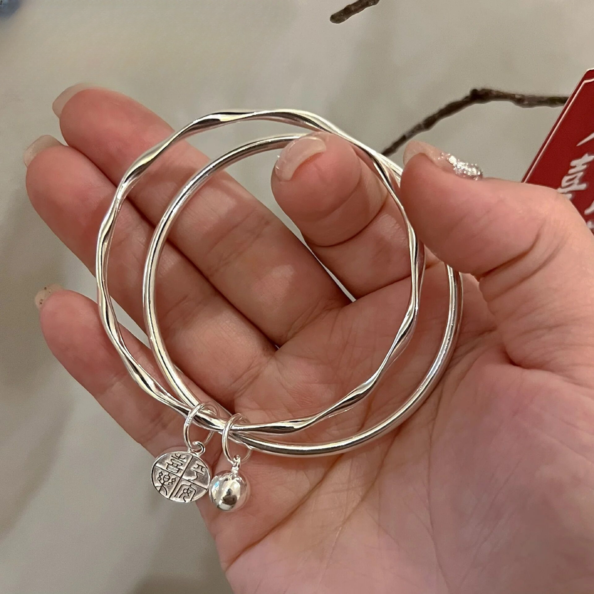 足银手镯 凤祥和999莫比乌斯双环银手镯平安喜乐闭口镯子送女友