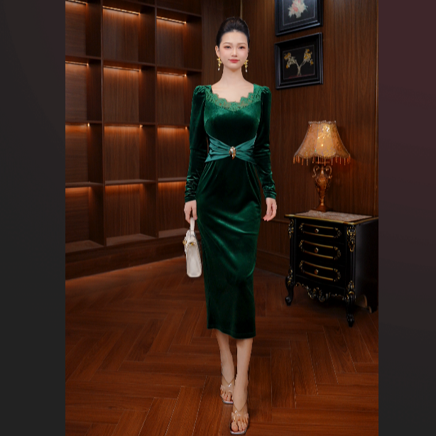 秋冬气质轻奢丝绒优雅名媛长袖女装连衣裙15623