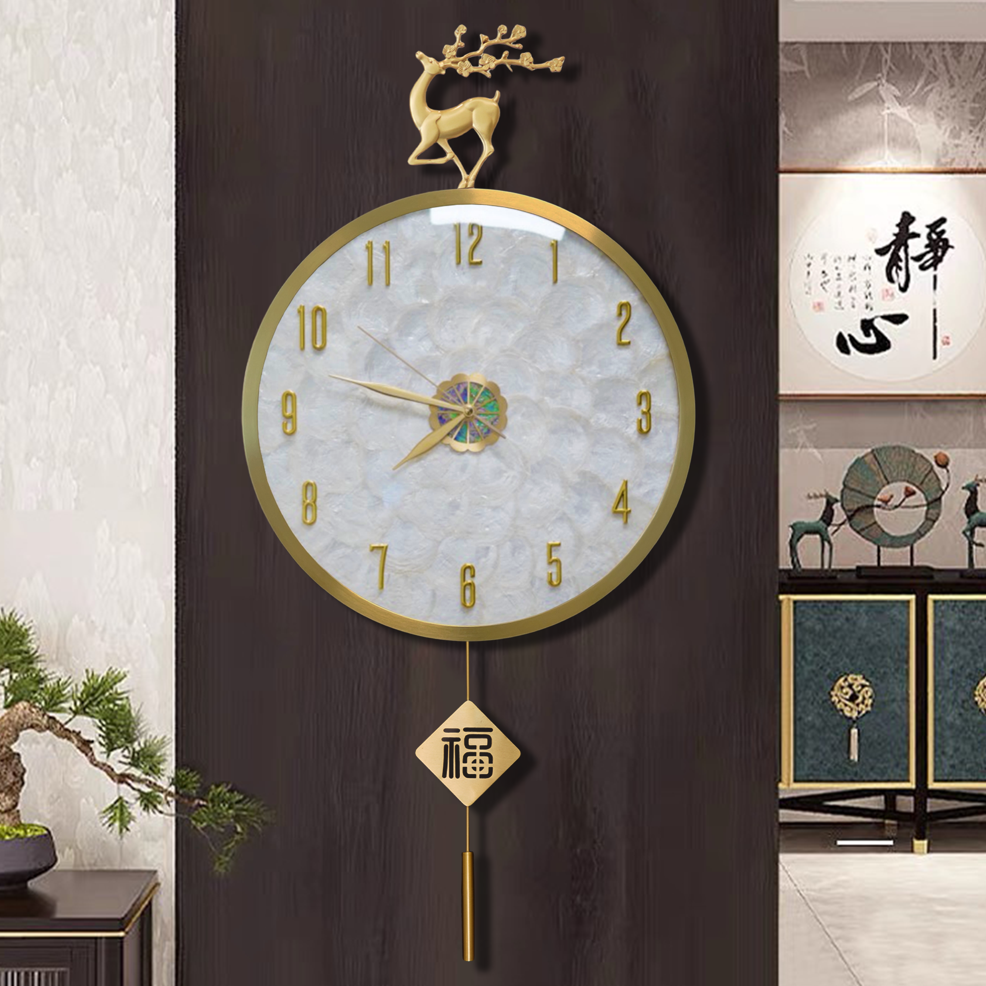 新款-尝鲜价挂钟家用客厅黄铜装饰壁钟静音表挂墙时尚网红石英钟