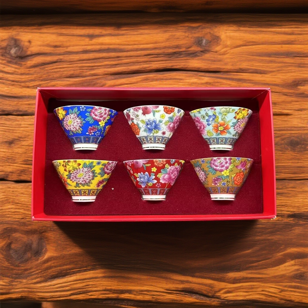 JZGF-珐琅彩万花斗笠杯六杯礼盒装