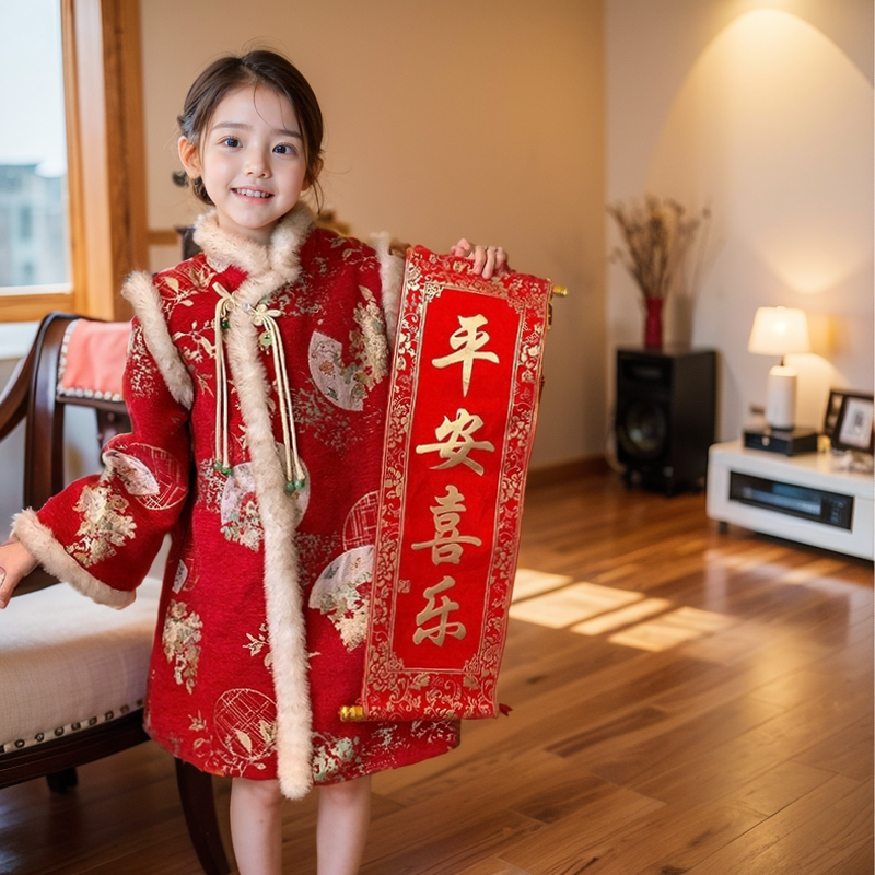 女童拜年服连衣裙中国风冬季拉链款儿童如意旗袍裙中长款加绒加厚