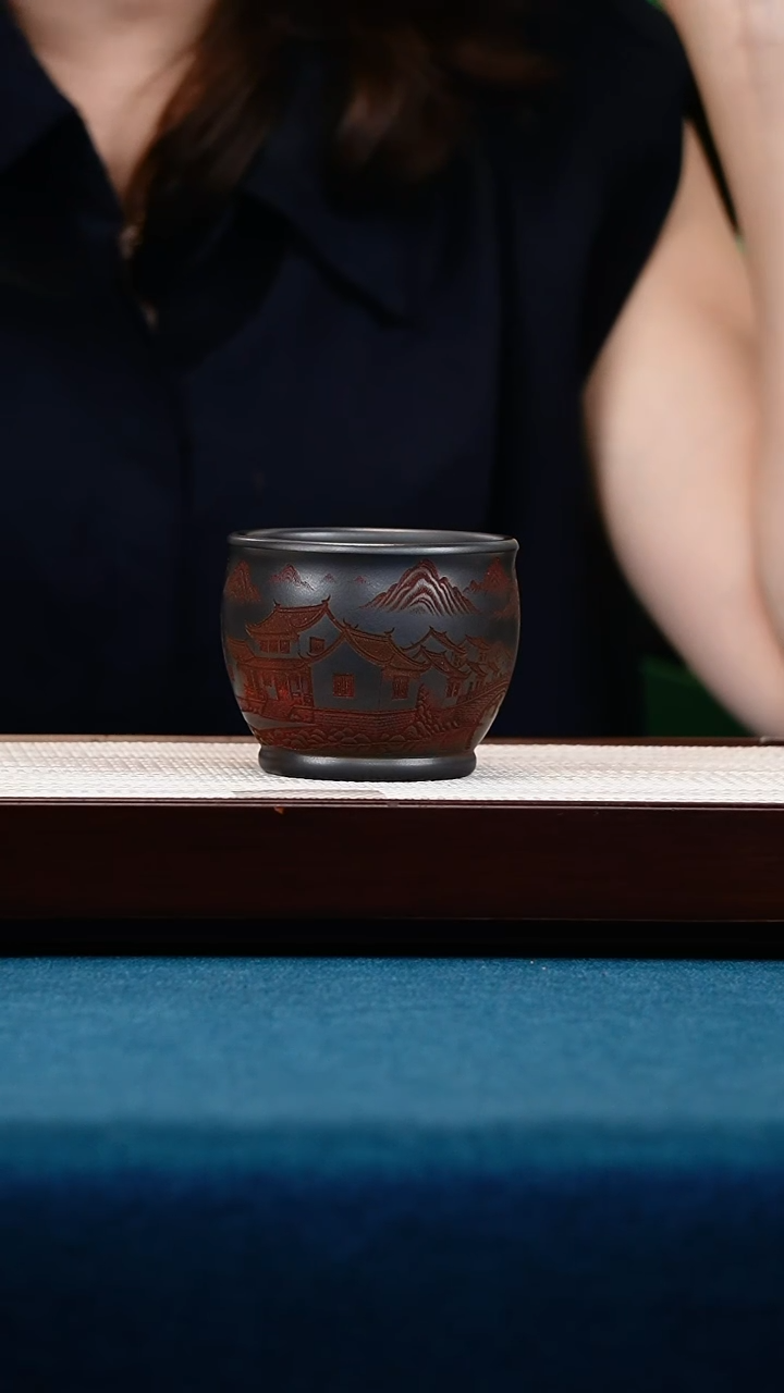 茶壶紫砂石黄主人杯彩刻