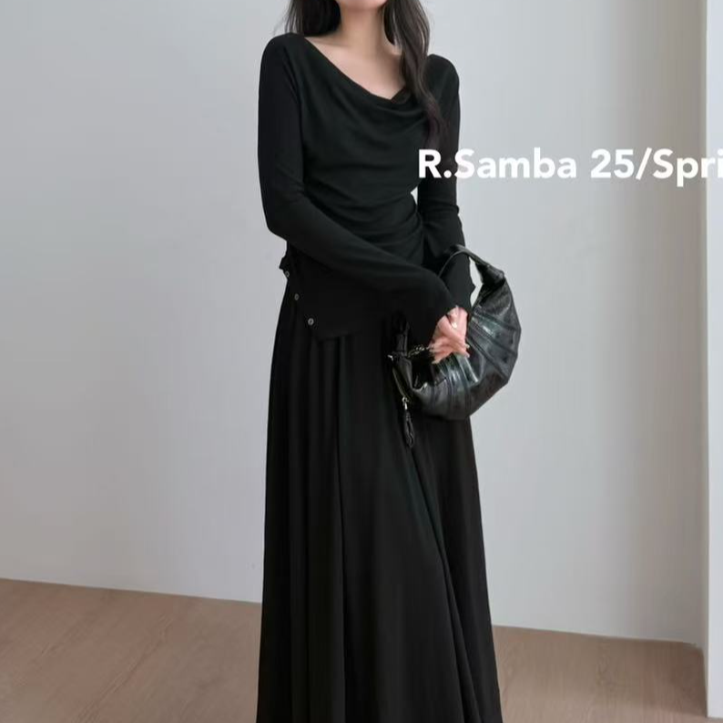 2025新春夏设计感高腰显瘦半身裙黑色长款百搭伞裙