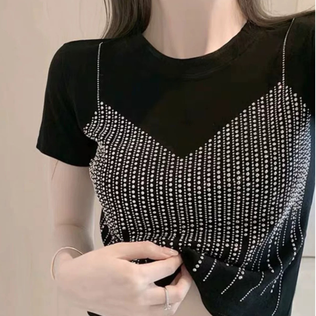 【F001-F299】韩版辣妹修身短袖t恤褶皱烫钻钉珠收腰潮牌短袖女上衣