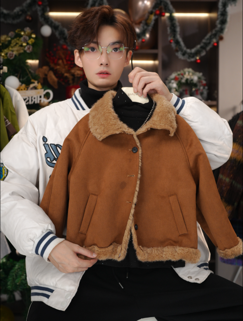 【美拉德】2025冬季新品男女宝皮毛一体夹克设计感加绒加厚皮衣外套