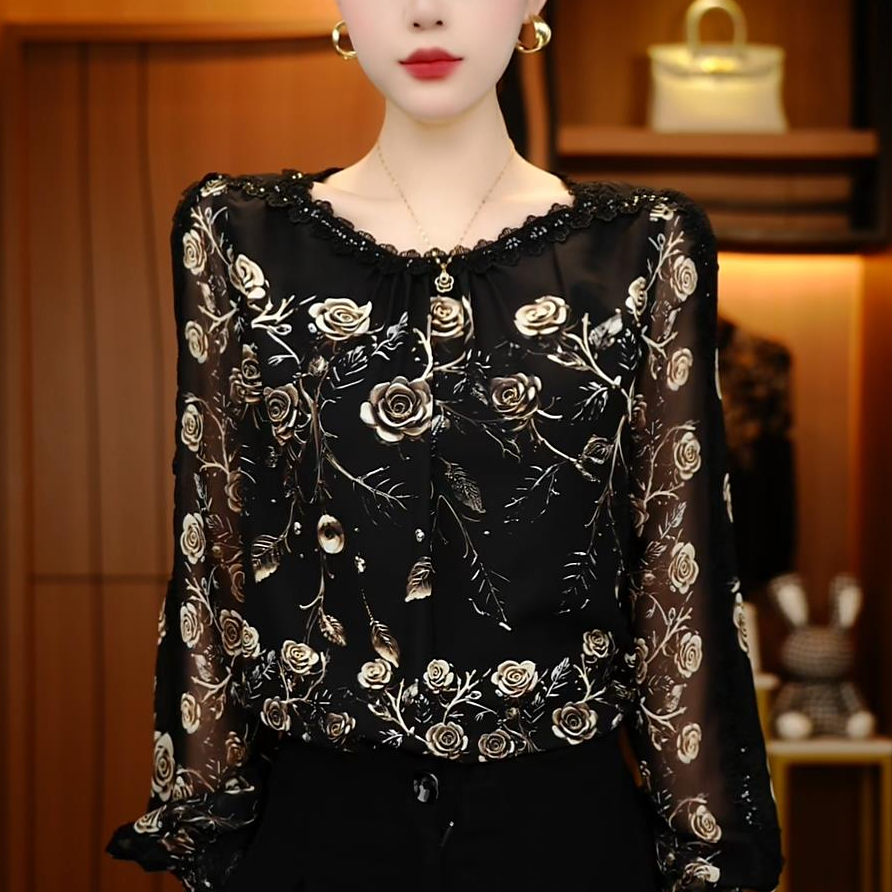 初凰  夏季新款琉璃双皱丝洋气时尚百搭显瘦休闲印花女士上衣