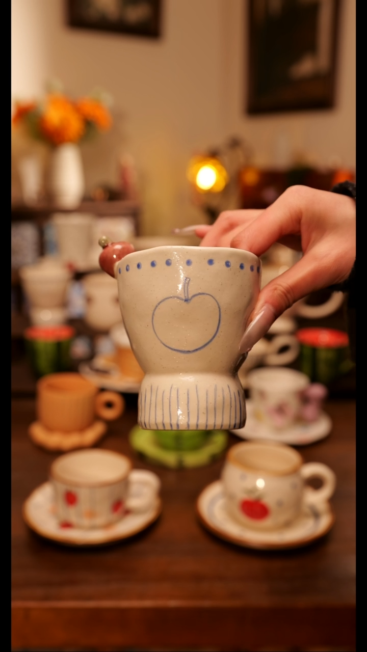 陶便携款粗陶磨砂小苹果  手绘釉下彩