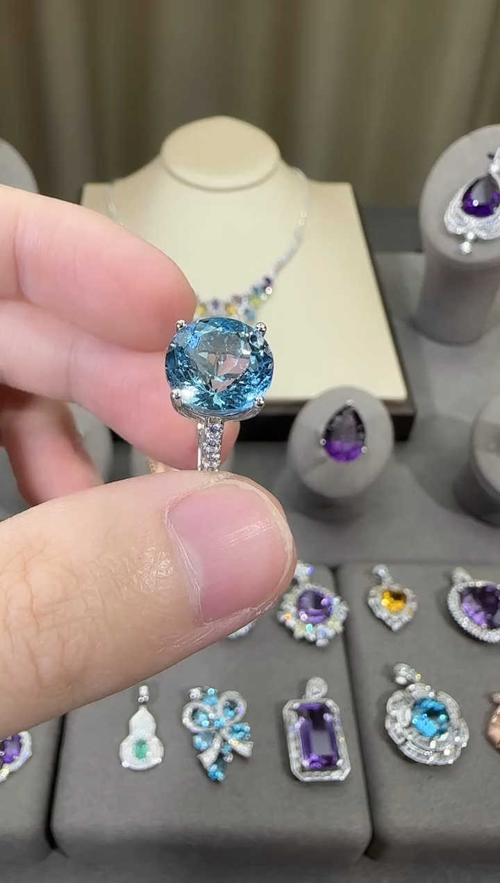 银S925镶嵌戒指托帕石12mm戒指简约款