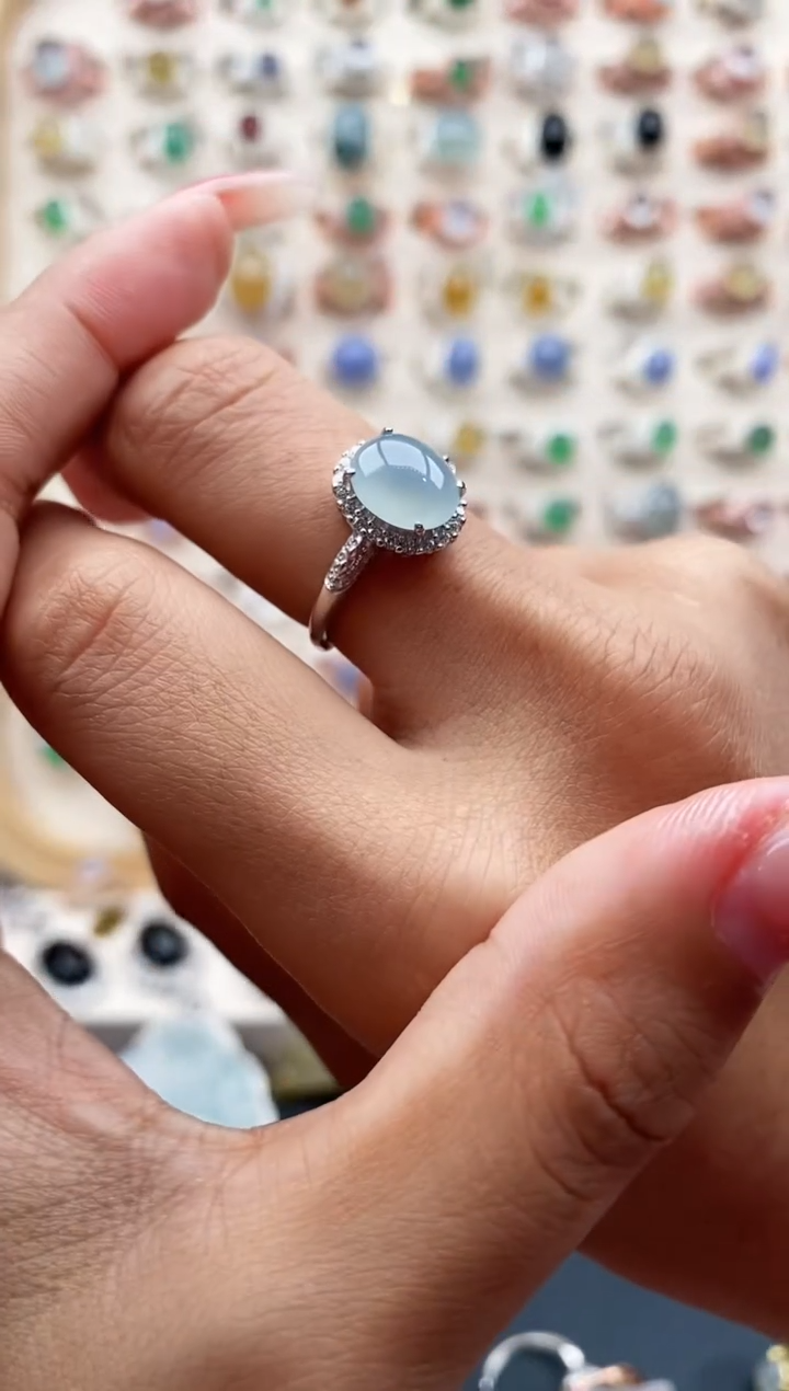 【闪购商品】翡翠戒指银S925镶嵌缅甸天然A货翡翠222   5-2