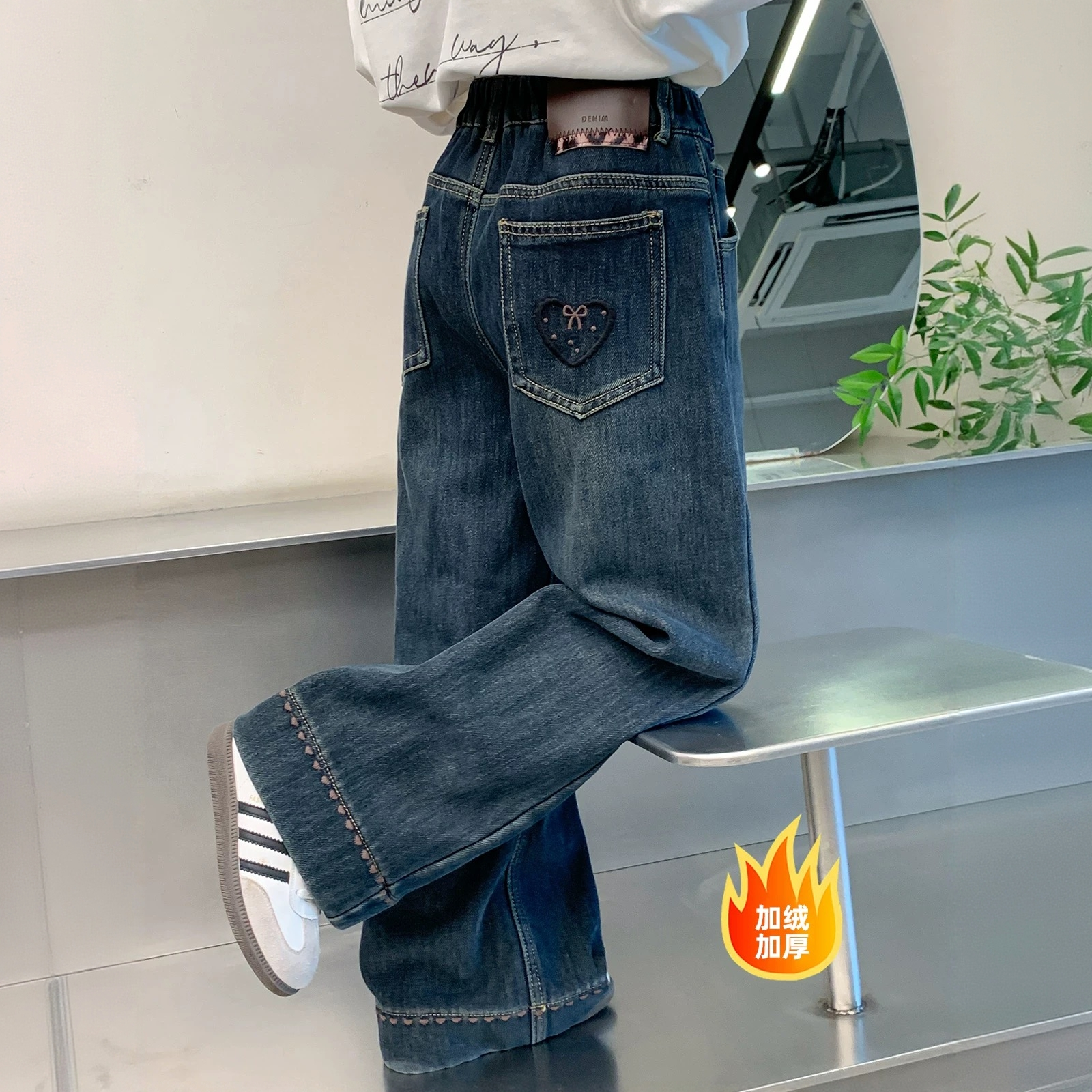 冬款韩范洋气爱心草莓加绒女童牛仔裤 F356 356 K