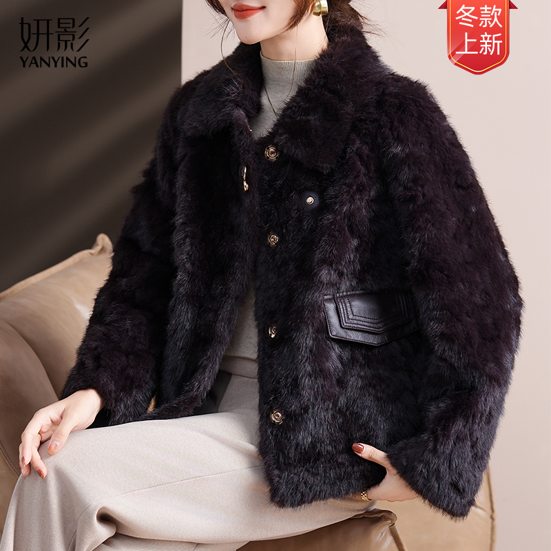 妍影秋冬季新款时尚气质口袋法式简约大气仿貂绒翻领外套妈妈装