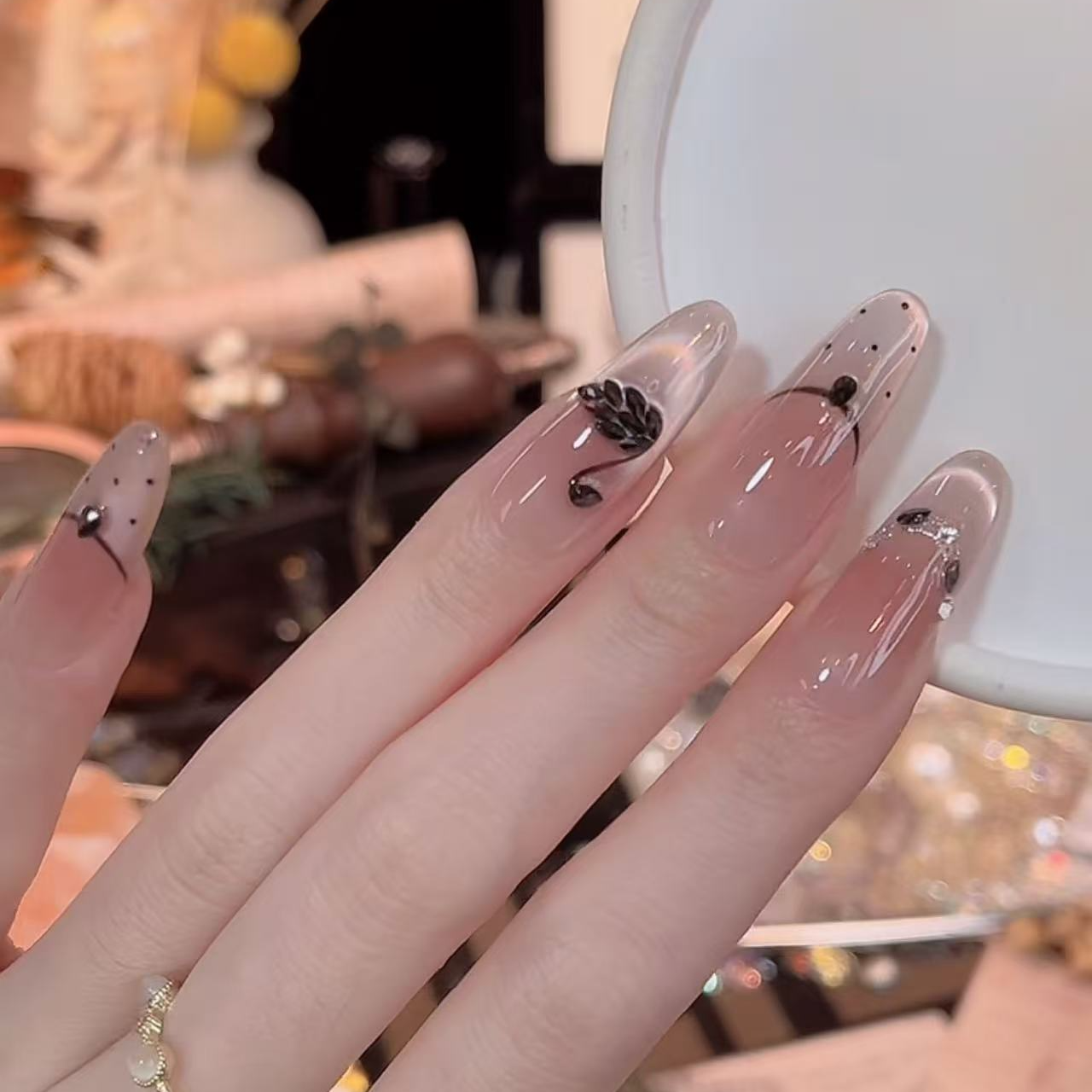 黑天鹅-Hand-painted clear bow 纯手工穿戴甲 10片装MM