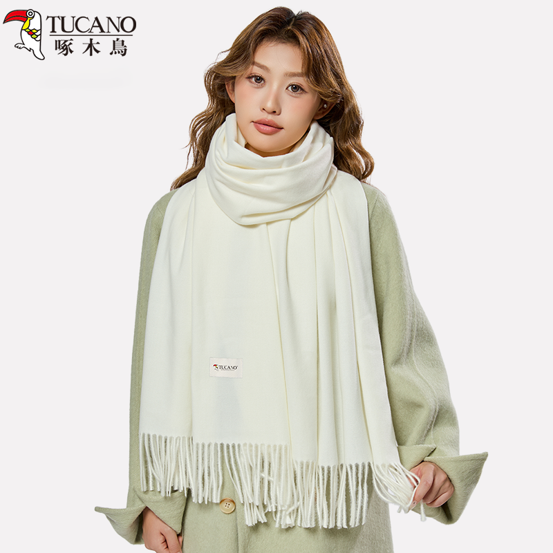 啄木鳥冬2025新款奶白色围巾女生冬季高级感加厚韩系保暖纯色围脖