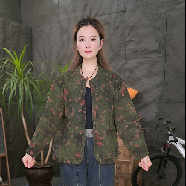 秋季新款复古印花立领双层外套文艺百搭休闲上衣女