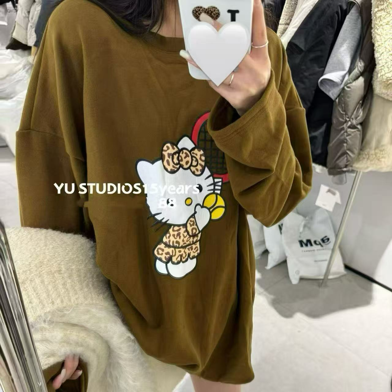 6162•Hello猫 SY# 东大门圆领抓绒百搭垫肩休闲宽松打底T·恤