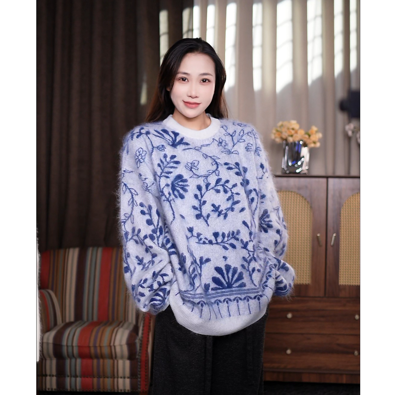 【青花】#阿拉善羊绒拉毛#冬季加厚羊毛针织衫 圆领慵懒毛衣 YZ6681