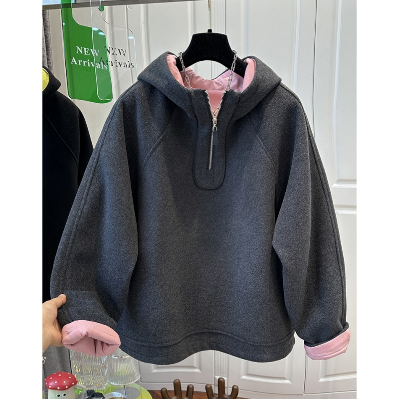 7356高级感拼接撞色连帽毛呢卫衣女上衣宽松显瘦休闲慵懒冬季新款