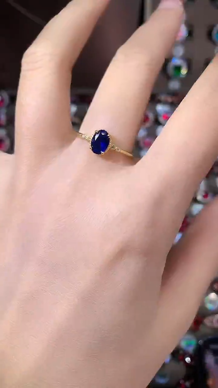 戒指蓝宝石银S925镶嵌57金色