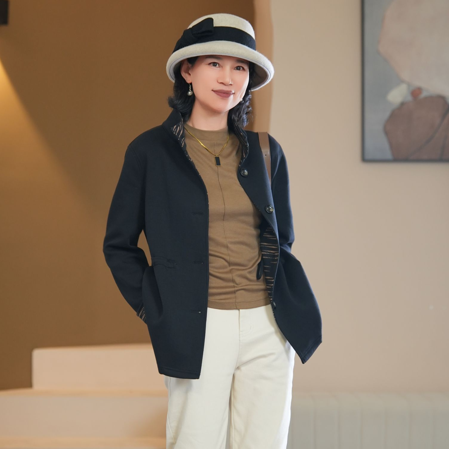 【芙澜卡尔】黑色拼接黑白条纹新款开衫上衣时尚外套中老年女装