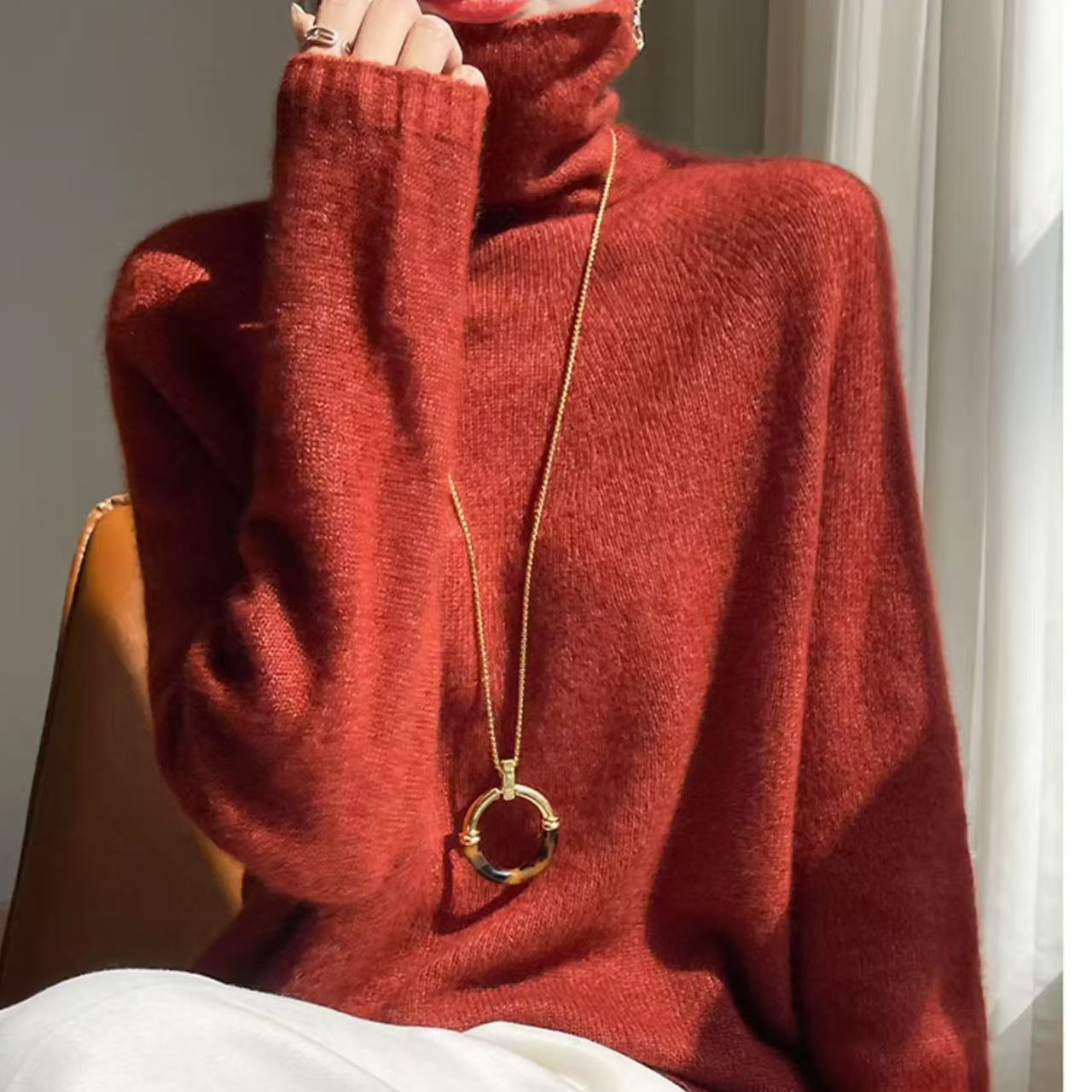 高领【75山羊绒+25桑蚕丝】一线成衣！羊绒衫打底衫堆堆领宽松毛衣