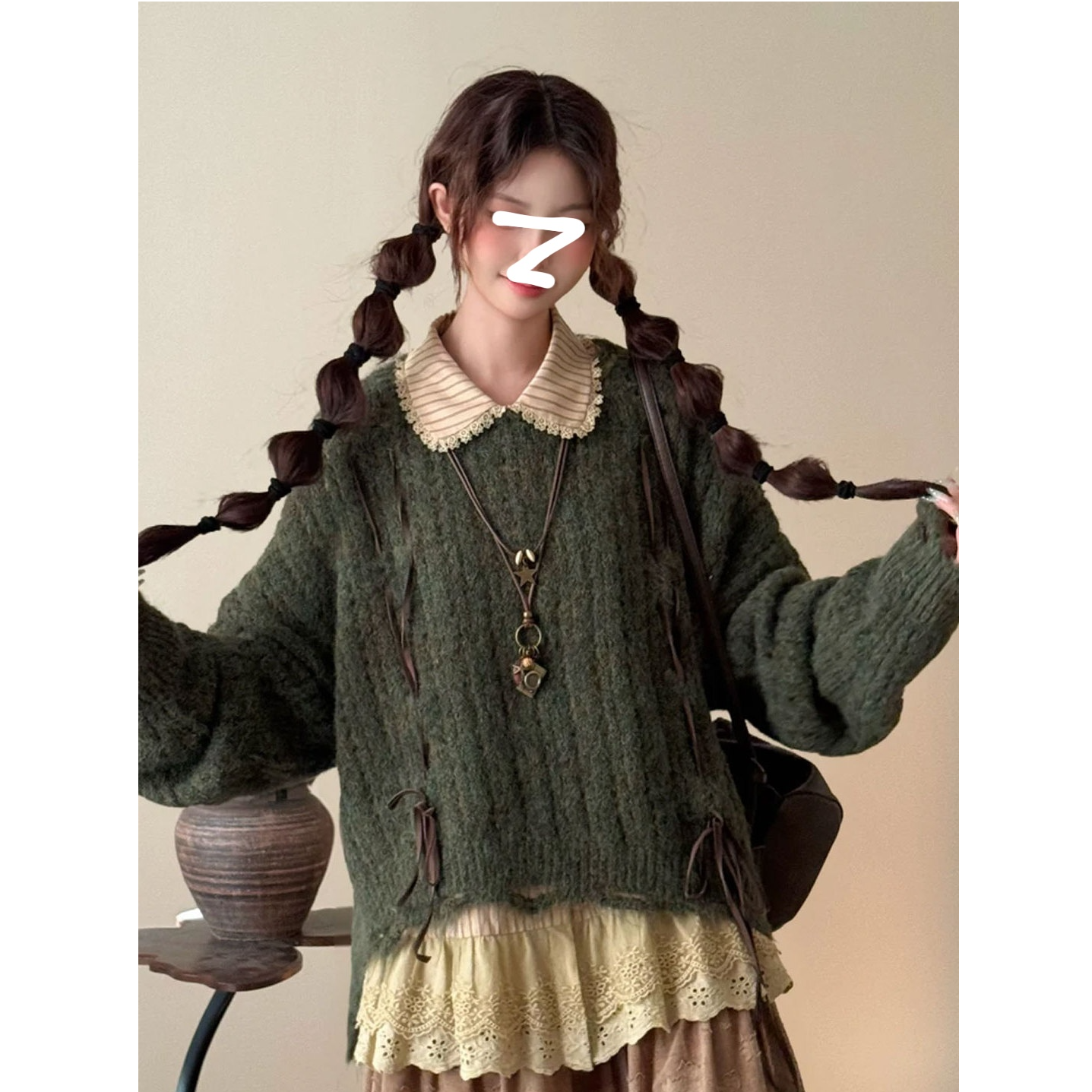 学院风复古绿色破边套头毛衣女秋冬外穿宽松慵懒风甜美绿色毛衣