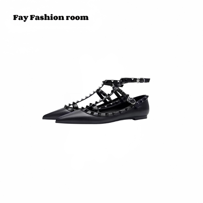 FAY | 口碑系列 V家铆钉尖头名媛风芭蕾单鞋真皮浅口鞋