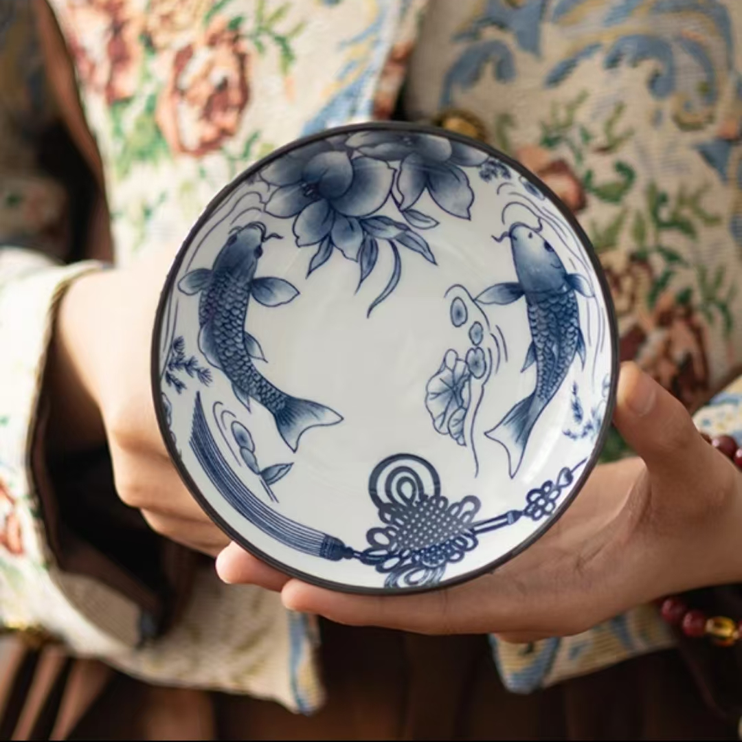 D241-青花双鱼陶瓷茶盘果盘AA36