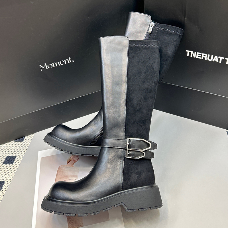 613-1真皮长筒靴女2025年新款不过膝厚底高筒靴骑士靴长靴