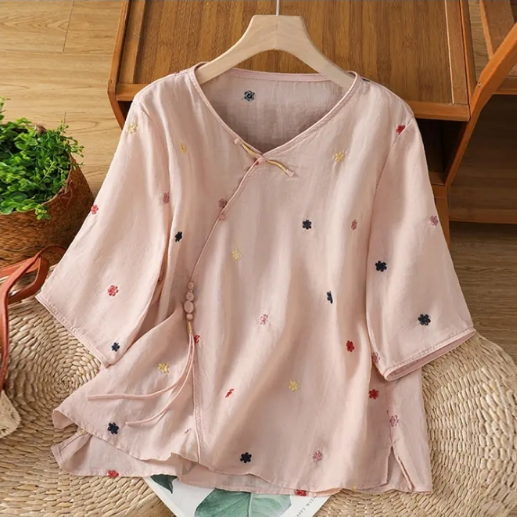 清货甩卖复古中式盘扣女夏季民族风斜襟流苏套头小衫麻料绣花衬衣