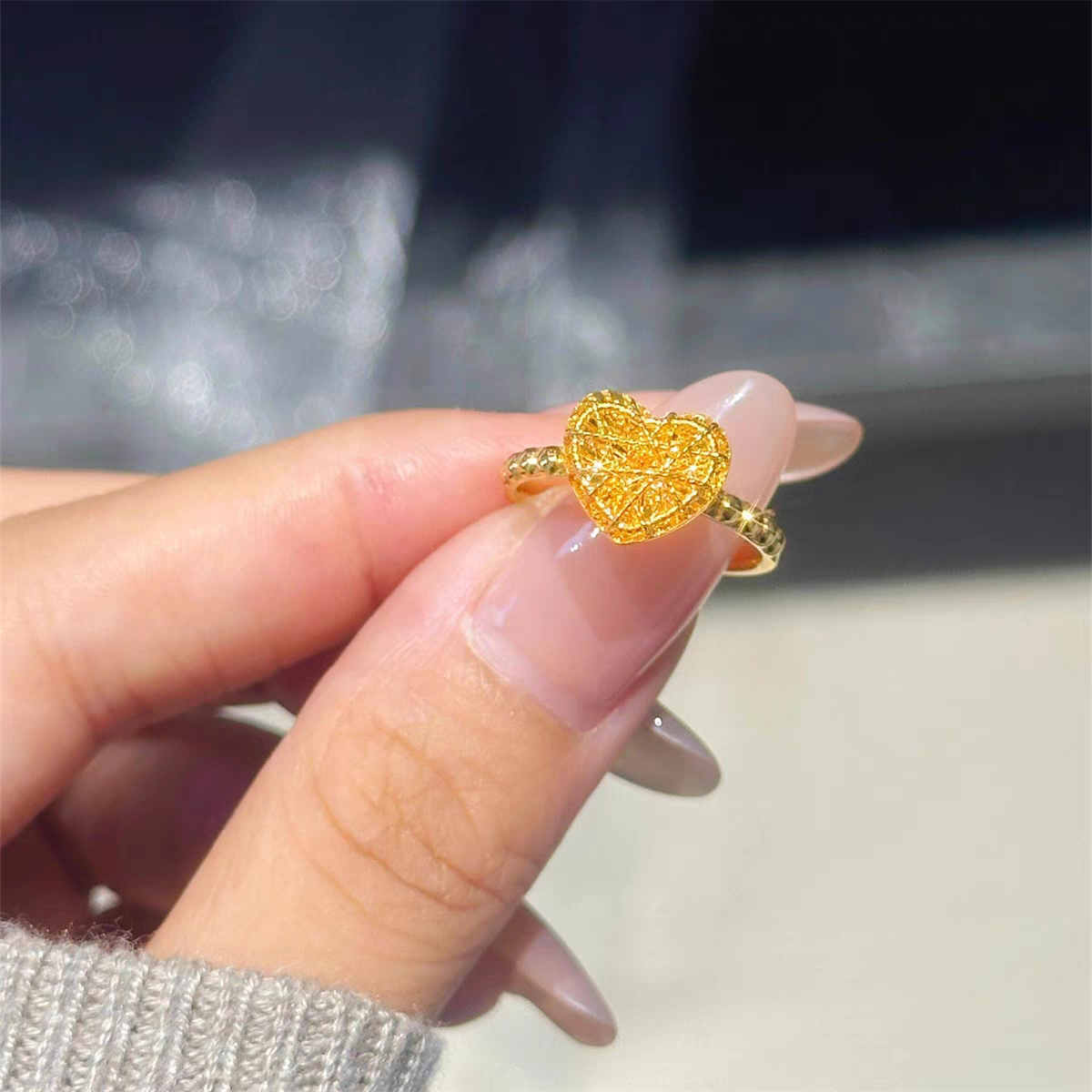 足银戒指 金包999银爱心方糖戒指女新款拉丝开口戒指环礼物送女友