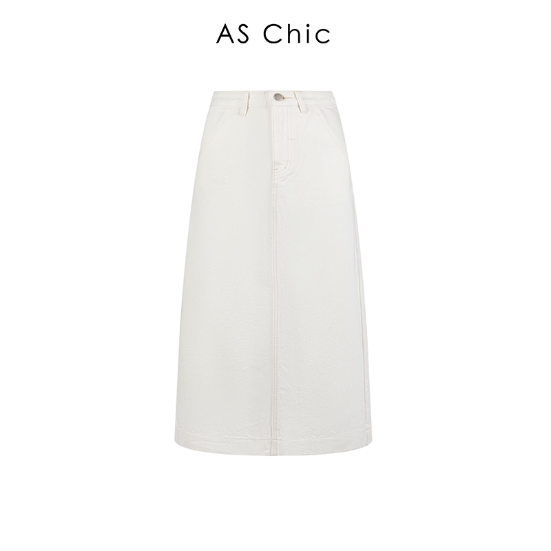  时尚百搭后开衩高腰单宁牛仔半身裙