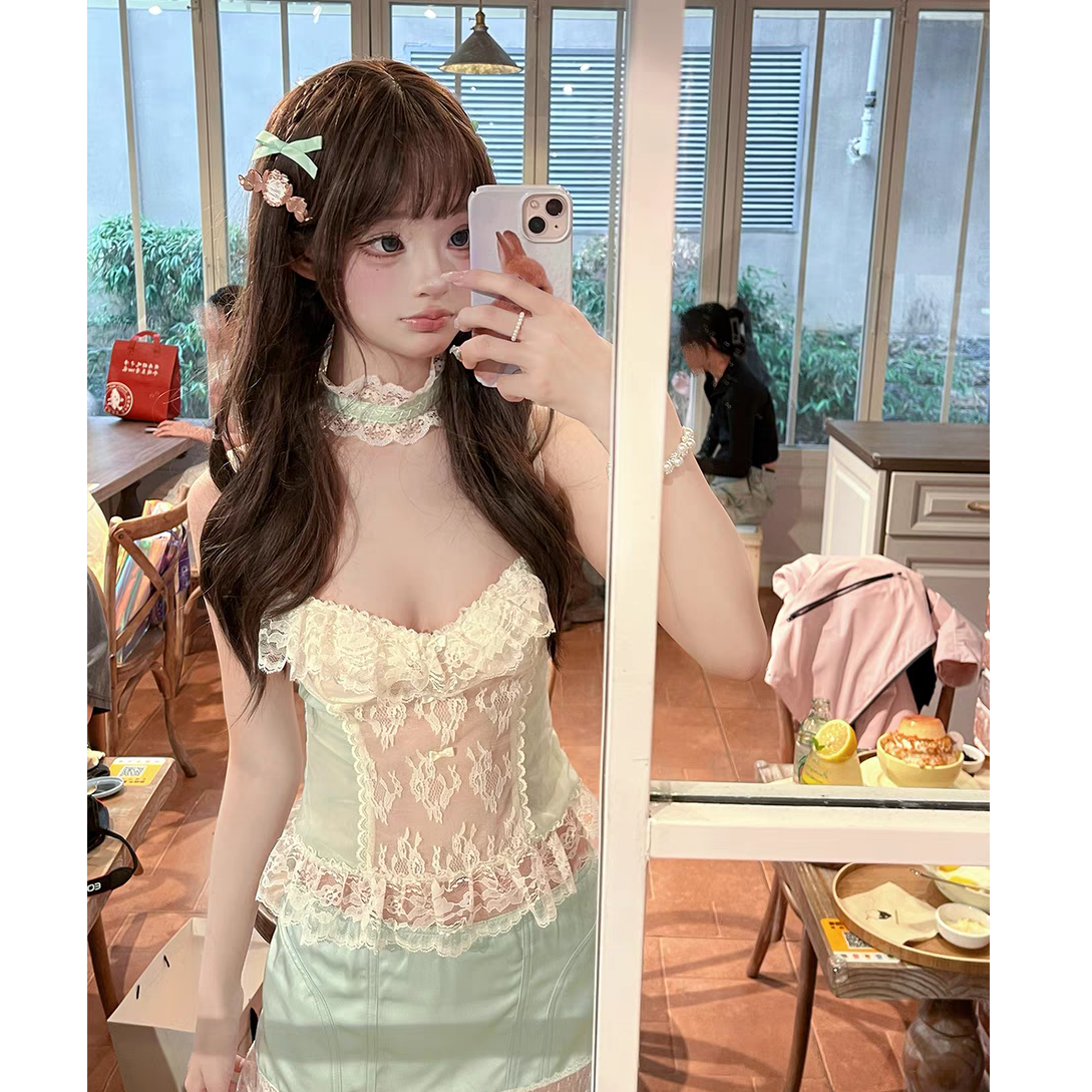 【呆呆】大码法式纯欲蕾丝花边吊带背心&波点低腰a字半身短裙套装