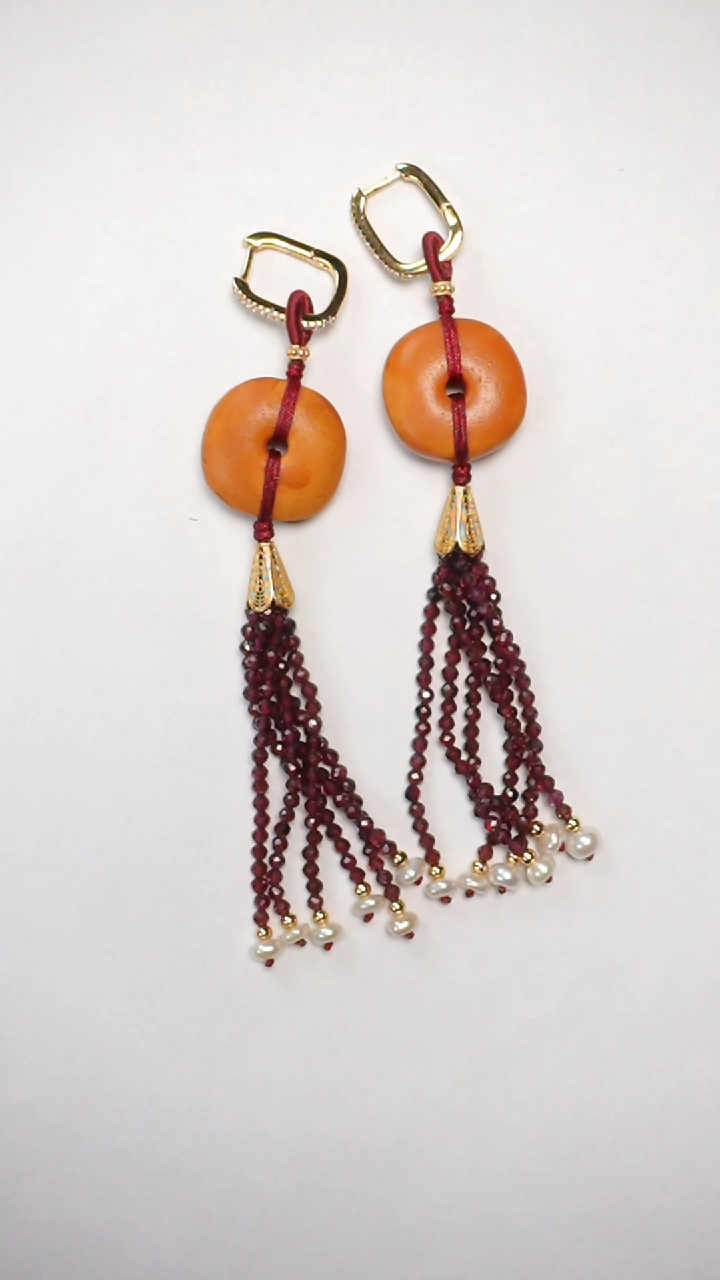 【闪购商品】琥珀耳饰银S925镶嵌橘皮扣子耳饰