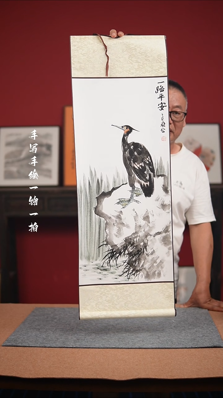 国画手绘-32*95卷轴花鸟