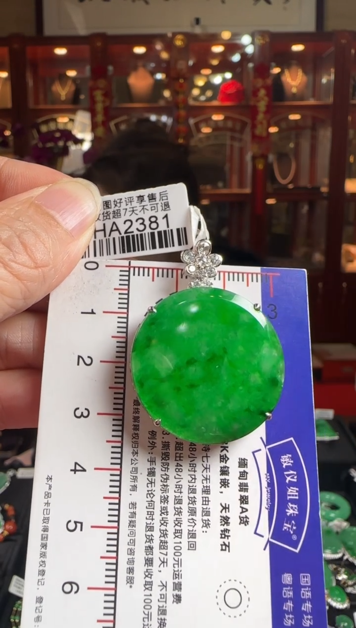 【闪购商品】翡翠颈饰18K金镶嵌HA2381辣绿无事牌