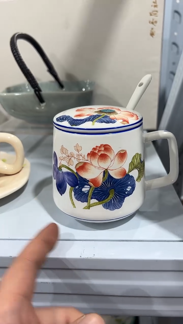 杯子骨瓷（简装）荷花盖杯一个+骨瓷咖啡勺