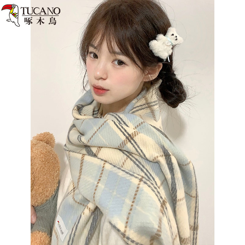 啄木鳥2025年新款蓝白格子围巾女冬季氛围感百搭温柔学生礼物围脖