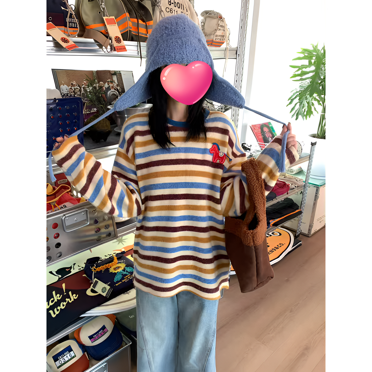 2025新款冬季爆款兔毛绒时尚女立体装饰撞色条纹卫衣显瘦圆领3027