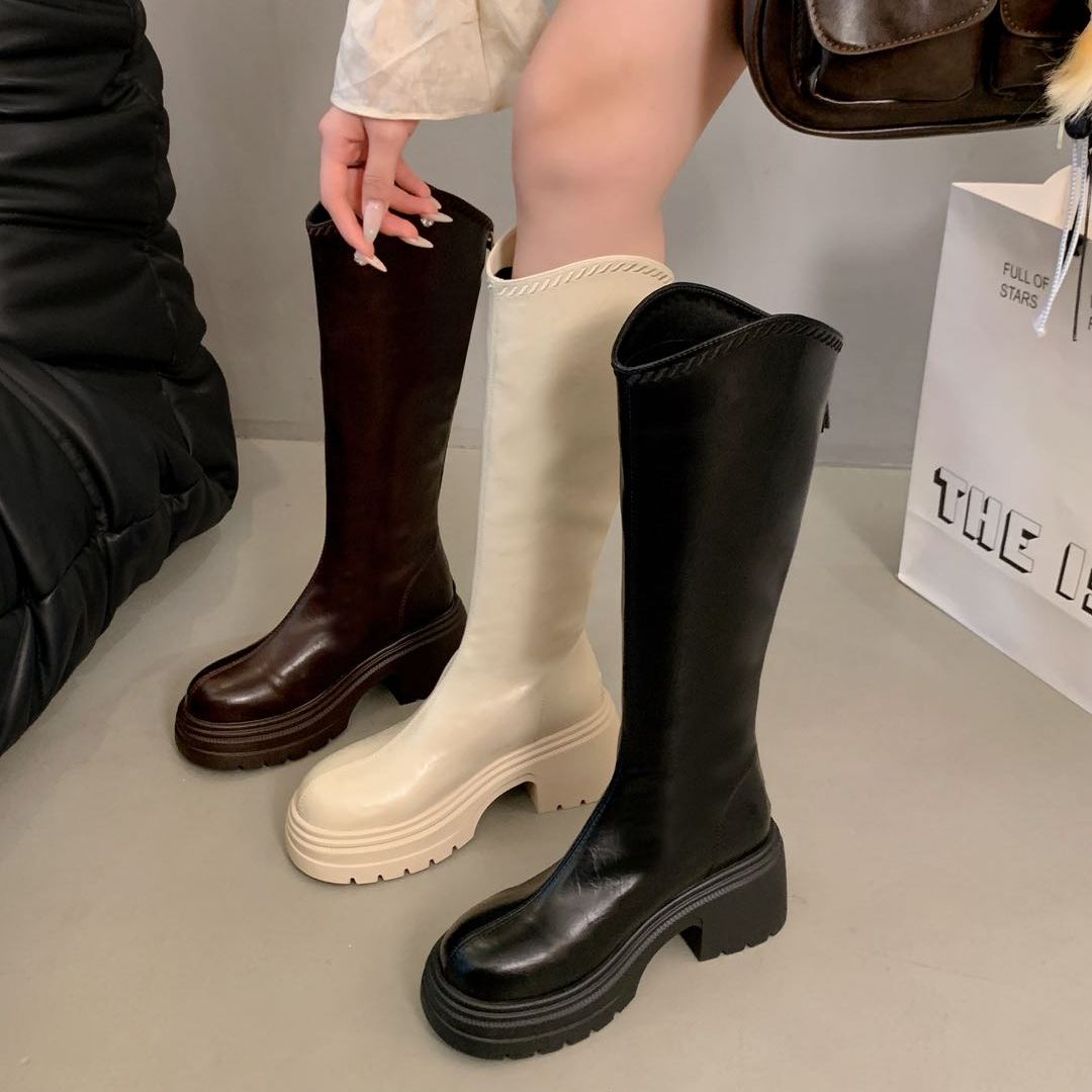 2025秋冬新款靴子长筒粗跟圆头瘦瘦骑士后拉链高筒尖头靴