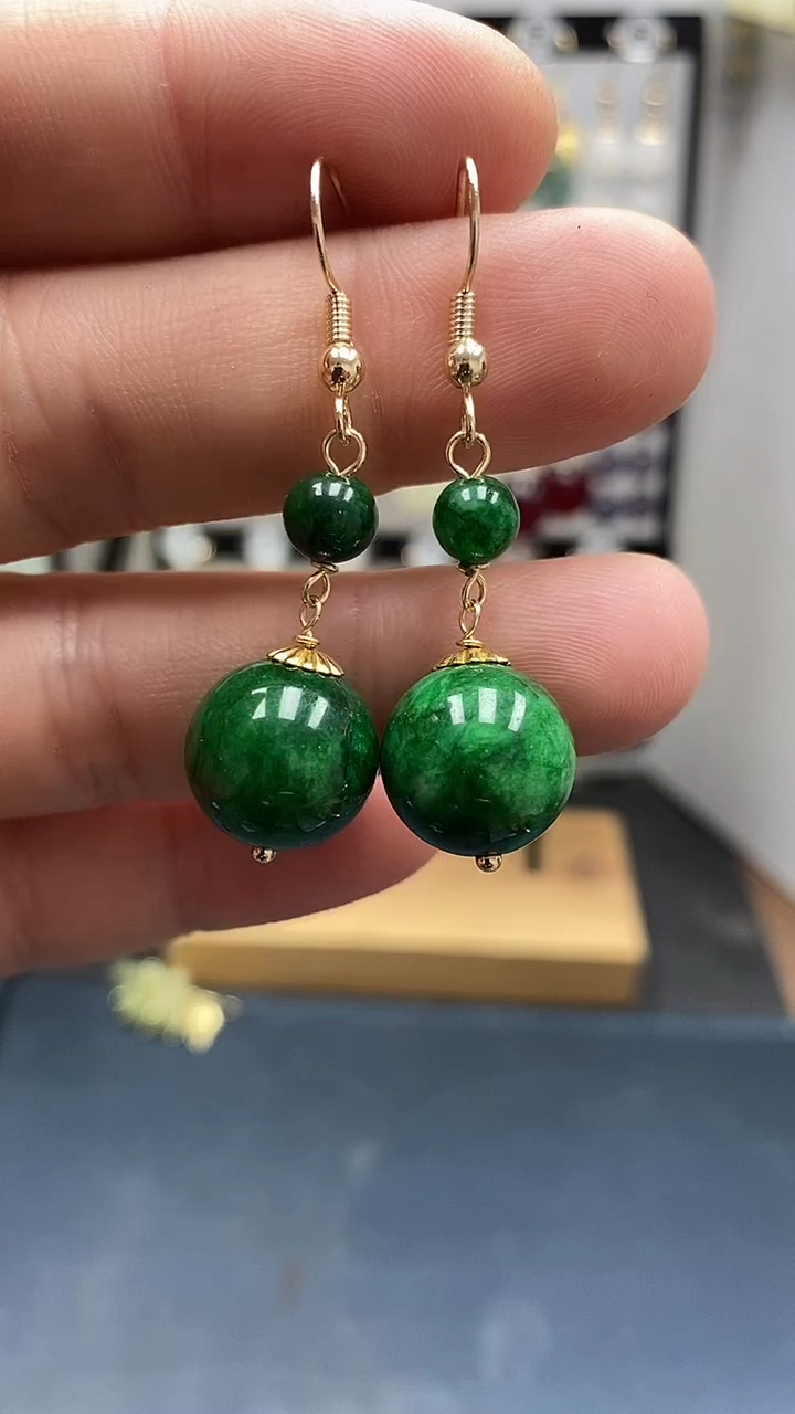 银S925镀金镶嵌翡翠耳饰尺寸14mm连珠Q4