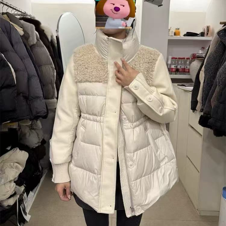 9958北海道初雪 氛围感小众拼接仿羊羔毛毛呢羽绒外套