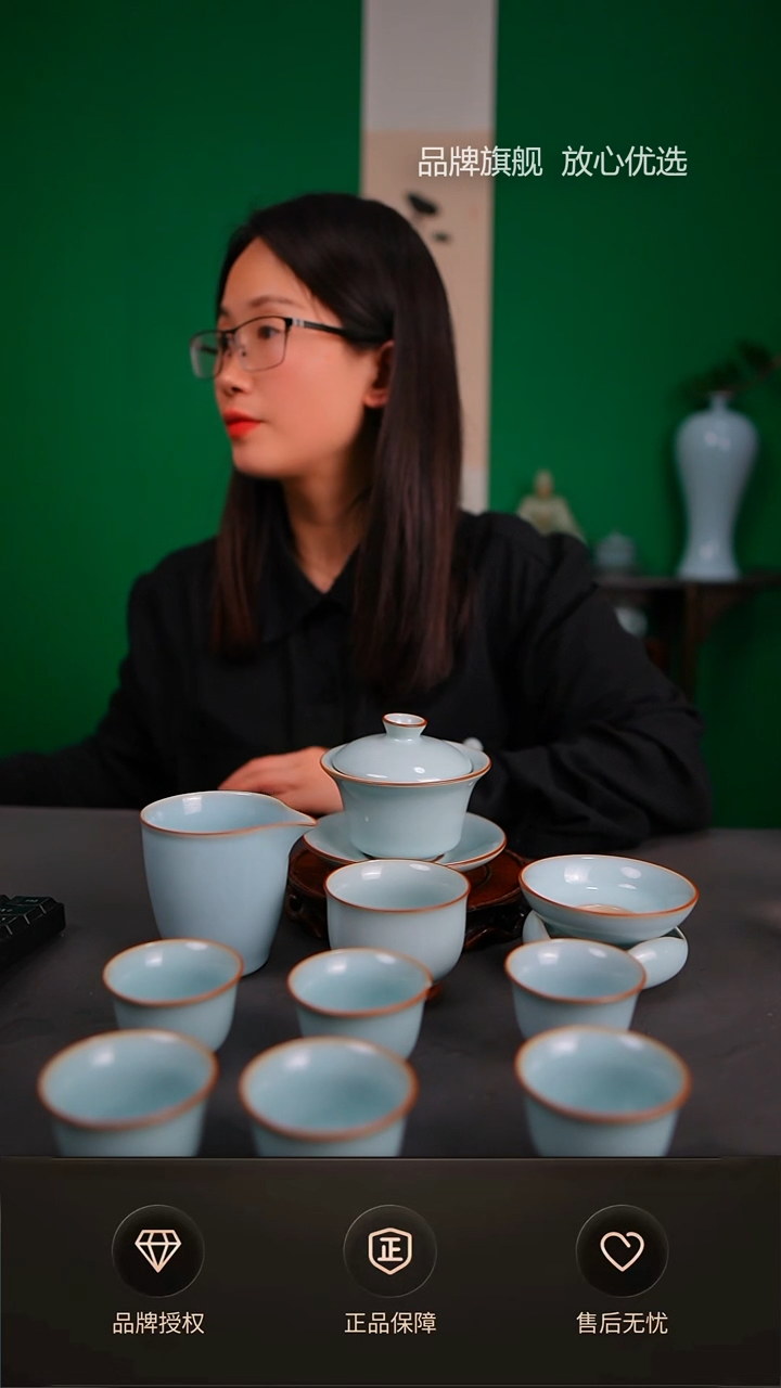 【闪购商品】一级天青晓月敞口马蹄盖碗套装