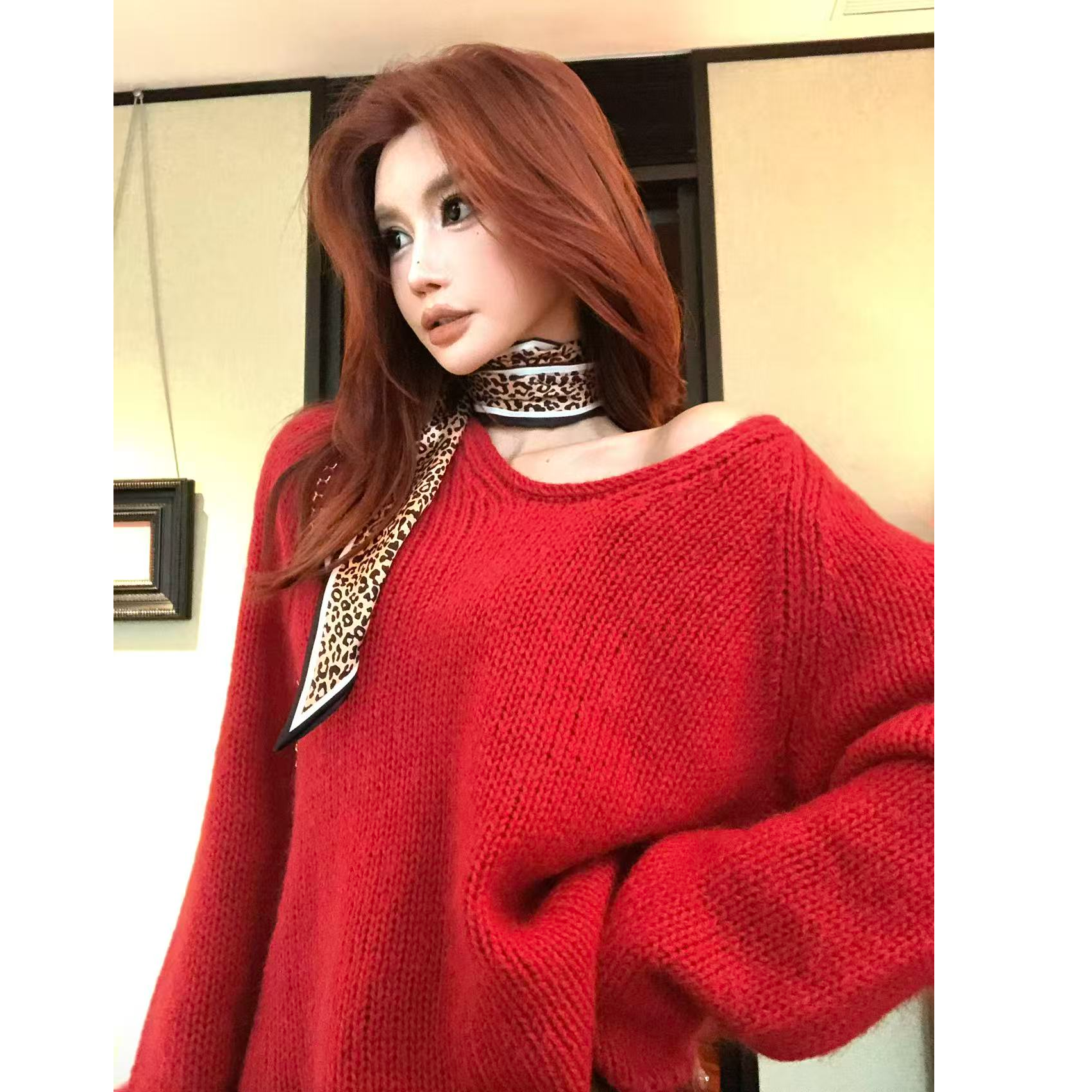 婉君T【红色v领羊毛毛衣】“羊毛+马海毛”手工编织毛衣LWJ25D4M3950