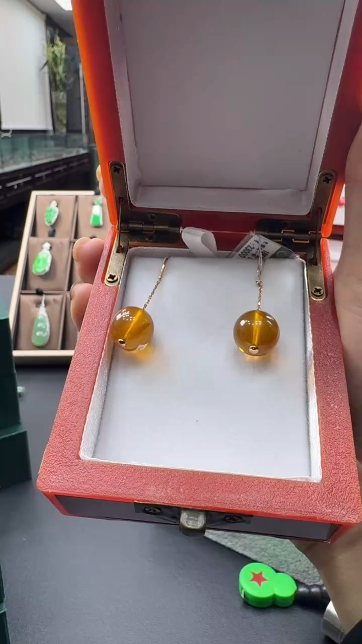 蜜蜡18K金镶嵌耳饰耳环