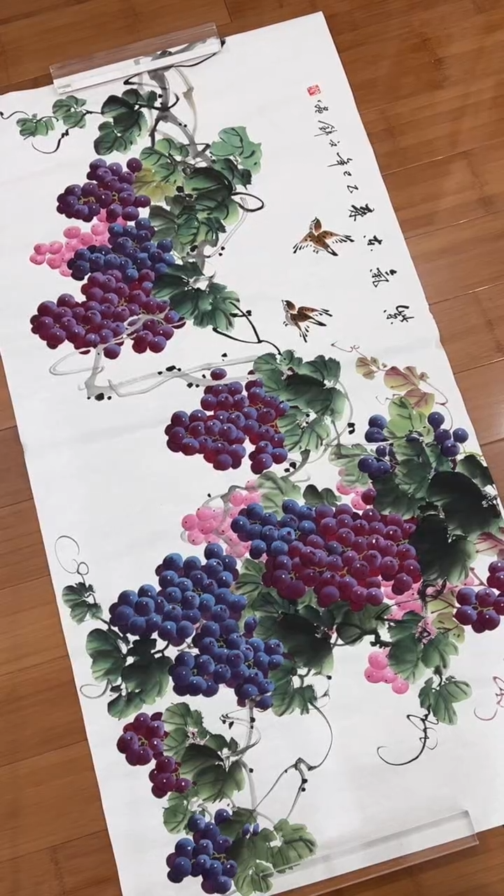 国画【福利，纯手工手绘】张文锦葡萄横幅138*68厘米