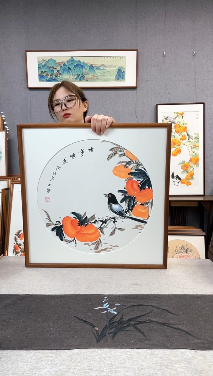 【闪购商品】国画孙颖-纯手绘带框作品-52*52-柿子