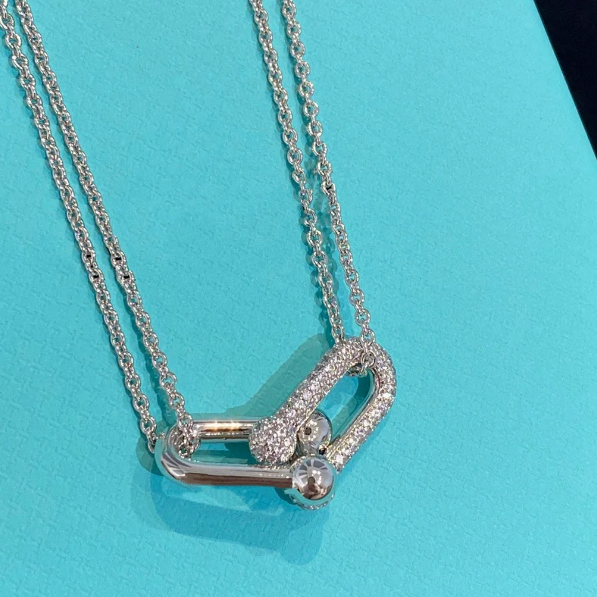 99新 Tiffany & Co./蒂芙尼 【小花念念】大号满钻白金双环项链