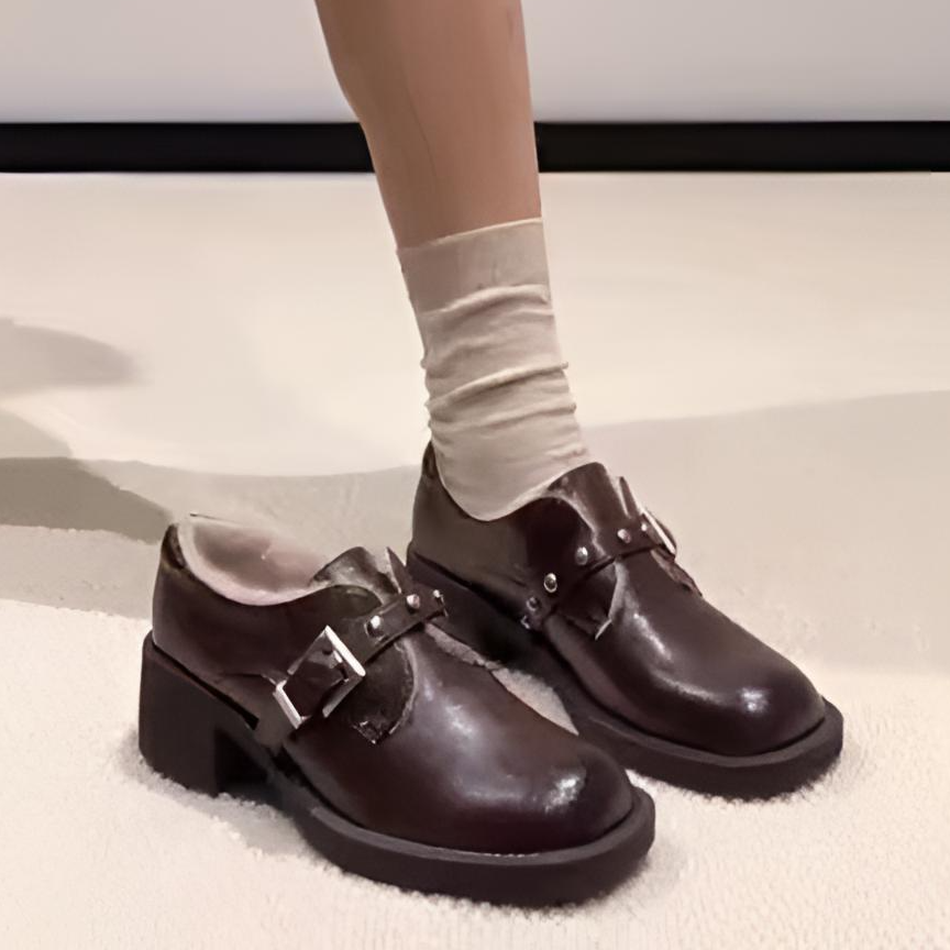 黑色兔毛乐福鞋羊皮版~秋新款小皮鞋英伦风铆钉皮带扣厚底单鞋